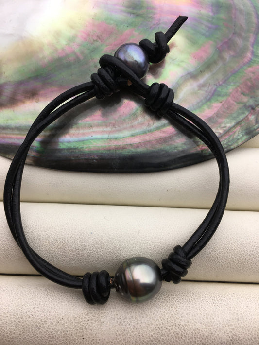 11-13mm big Single Drop Green Black Tahitian pearl Leather Cord bracelet, SELECT leather color, Pearl Leather bracelet, Le10-006