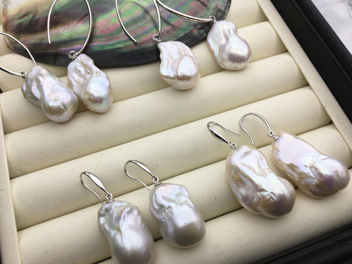 AAA/AA+ 14-18mmx22-28mm flame ball pearl dangle earrings, sterling silver, earring with white baroque Natural Pearl, SE3-069