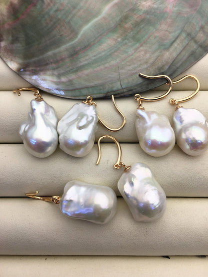 1 pair AAA 12-15mmx16-21mm white flame ball pearl rose dangle earrings, earring with white baroque Natural Pearl, SE3-031-12