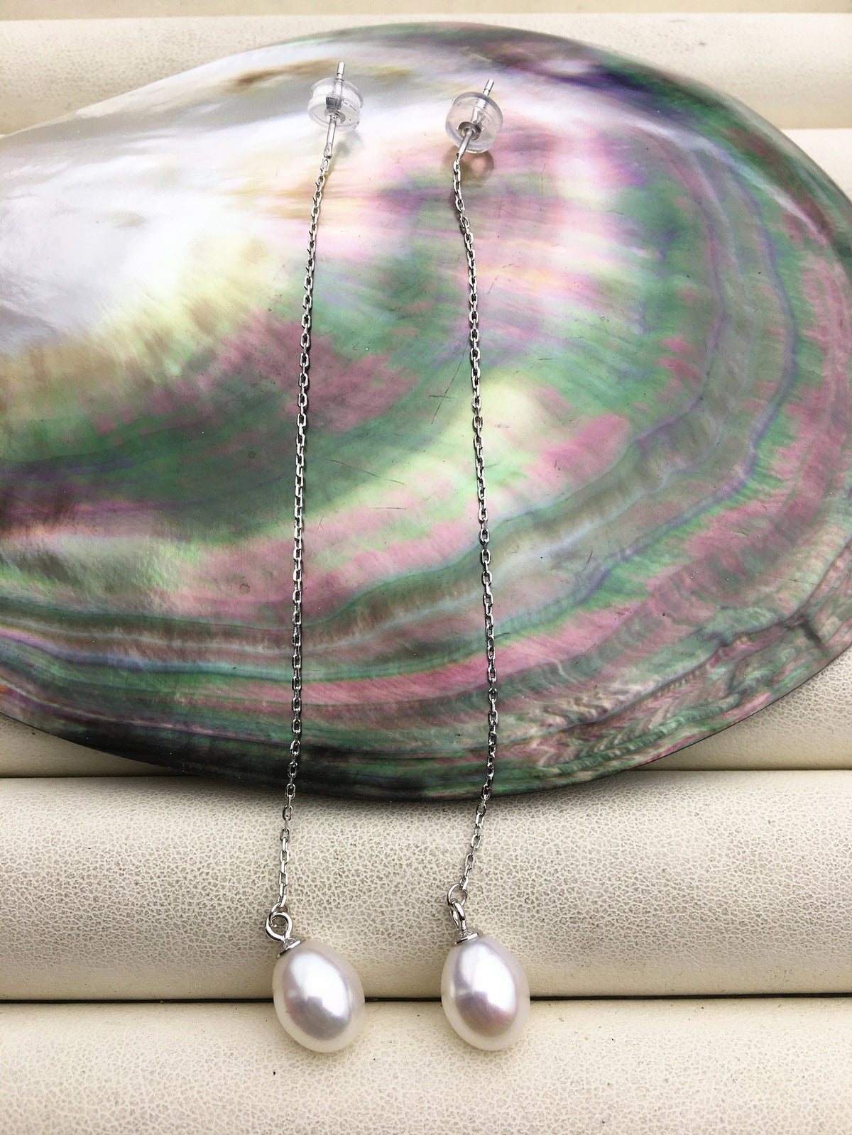 AAA White 8mm long rice pearl Tassels dangle earrings,S925 Sterling Silver pearl earrings,pearl for women,SE3-026