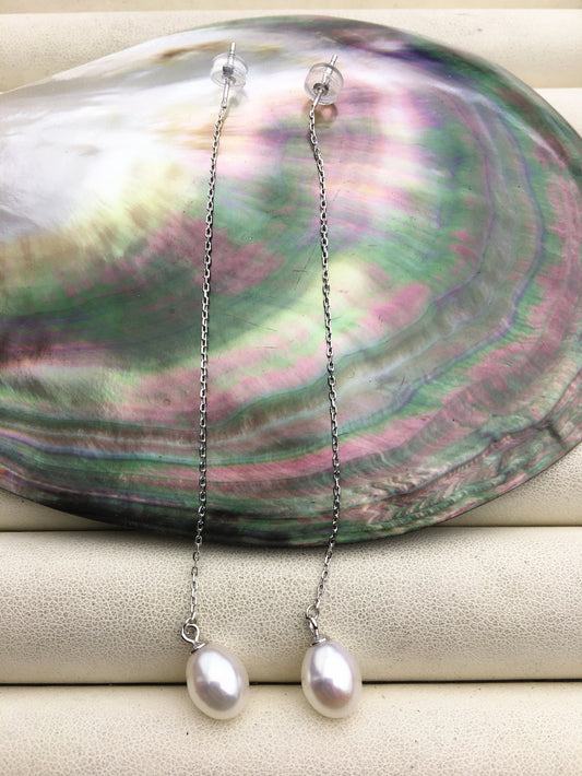 AAA White 8mm long rice pearl Tassels dangle earrings,S925 Sterling Silver pearl earrings,pearl for women,SE3-026