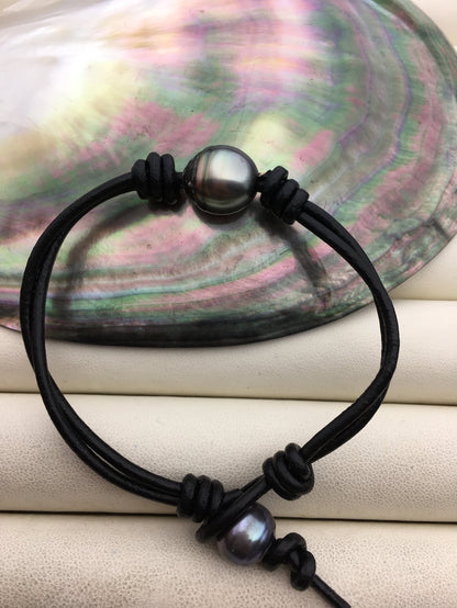 11-13mm big Single Drop Green Black Tahitian pearl Leather Cord bracelet, SELECT leather color, Pearl Leather bracelet, Le10-006
