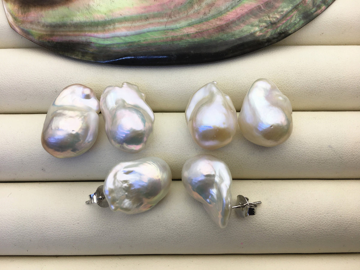 1 pair AAA 12-16mm flame ball pearl stud earrings,sterling silver,earring with white baroque Natural Pearl,SE3-031-4