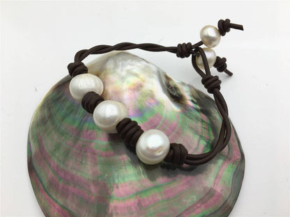 50% OFF 7.5 inches 12mm Big pearl twisted leather pearl bracelet, knotted freshwater pearl bracelet, Leather Pearls Bracelet, NPN1-032