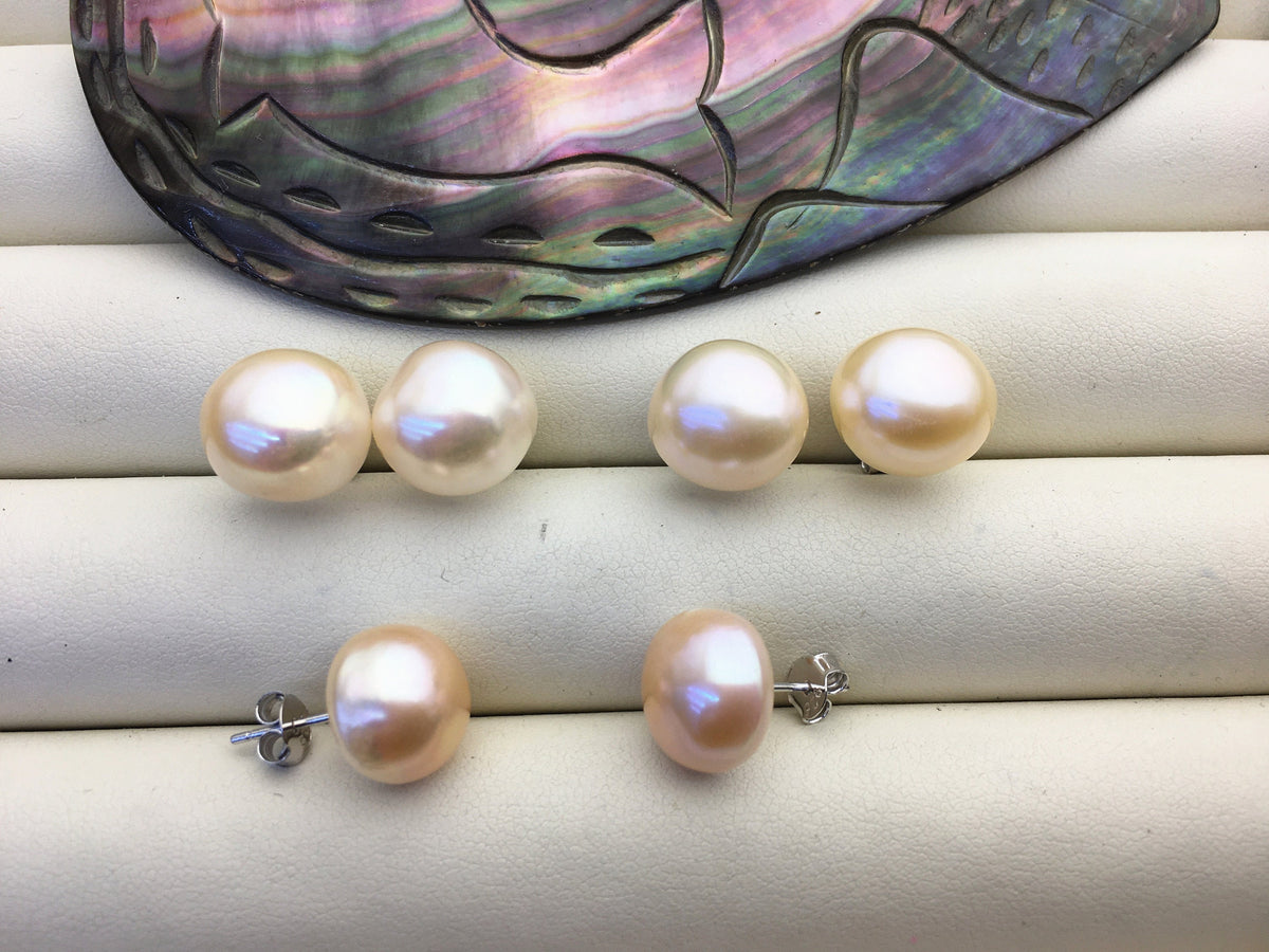 AAA 11.5-12mm big pink peach nugget baroque Pearl Stud Earrings, freshwater pearl earrings, classic pearl studs, SE1-069-32