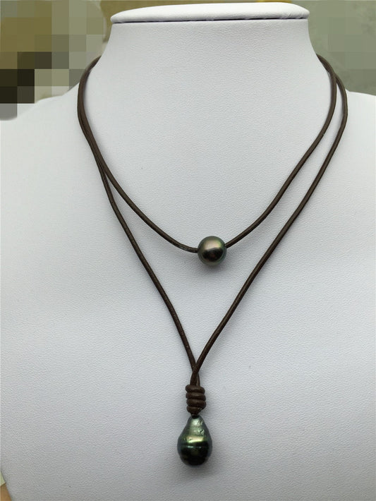 Tahitian Pearl Choker, Leather Necklace, High Luster pearl, Pearl Leather Necklace, Black Pearl, Black Leather Pearl necklace, BROWN, Le11-004