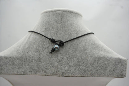 10-12mm Tahitian pearls hand rolled and knotted leather necklace, men or women choker, Black Leather Pearl necklace, Le11-025