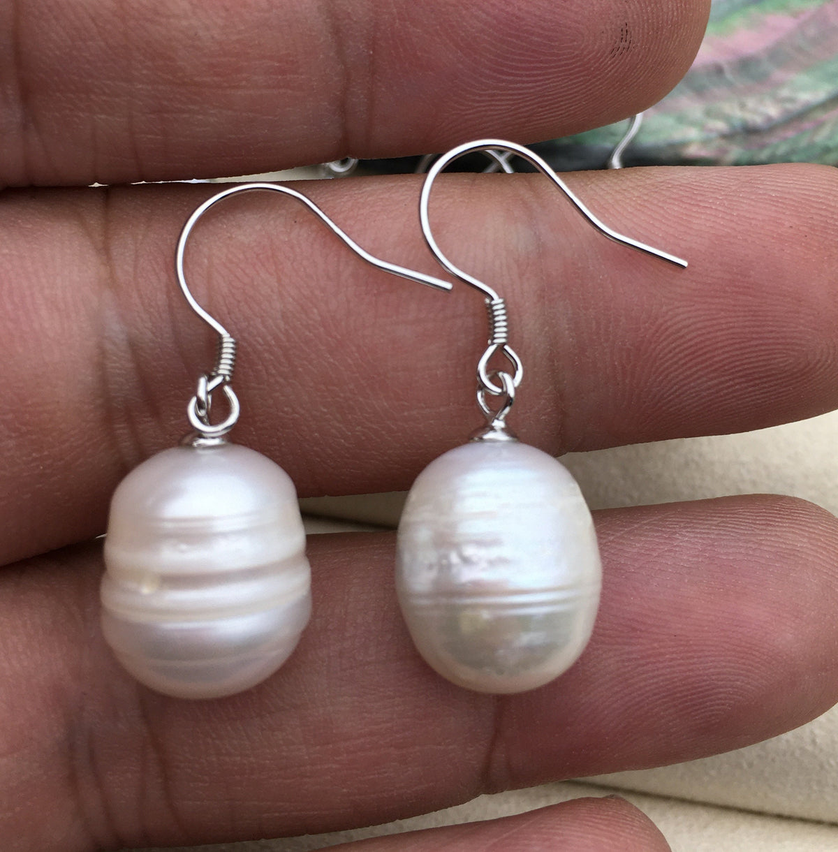 1 pair AA 12mm big white rice pearl dangle earrings, Sterling Silver, dangle pearl earrings, wedding earring, bridal, SE3-005