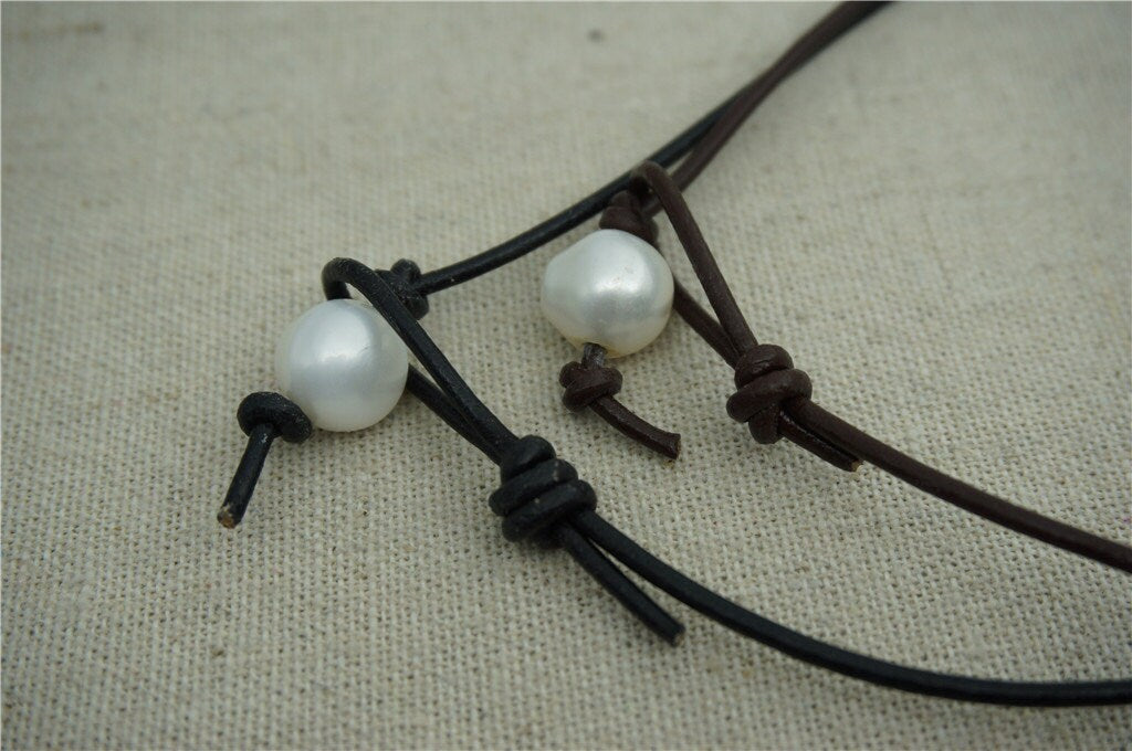 AAA BIG Baroque Thick Coin Pearl necklace,Leather Pearl Choker, Pearl Leather Necklace, Le1-080
