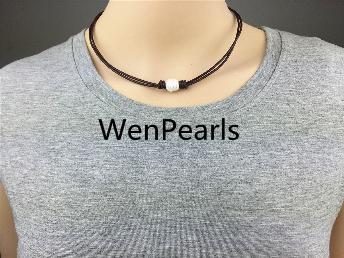 Leather Rice Pearl Choker, Pearl Leather Necklace, bracelet, White Freshwater pearl, Black Leather Pearl necklace, BROWN, Le1-051