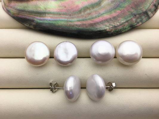 1 pair AAA 15-16mm huge Coin Fresh Water pearl stud earrings,S925 Sterling Silver,SE3-186-1