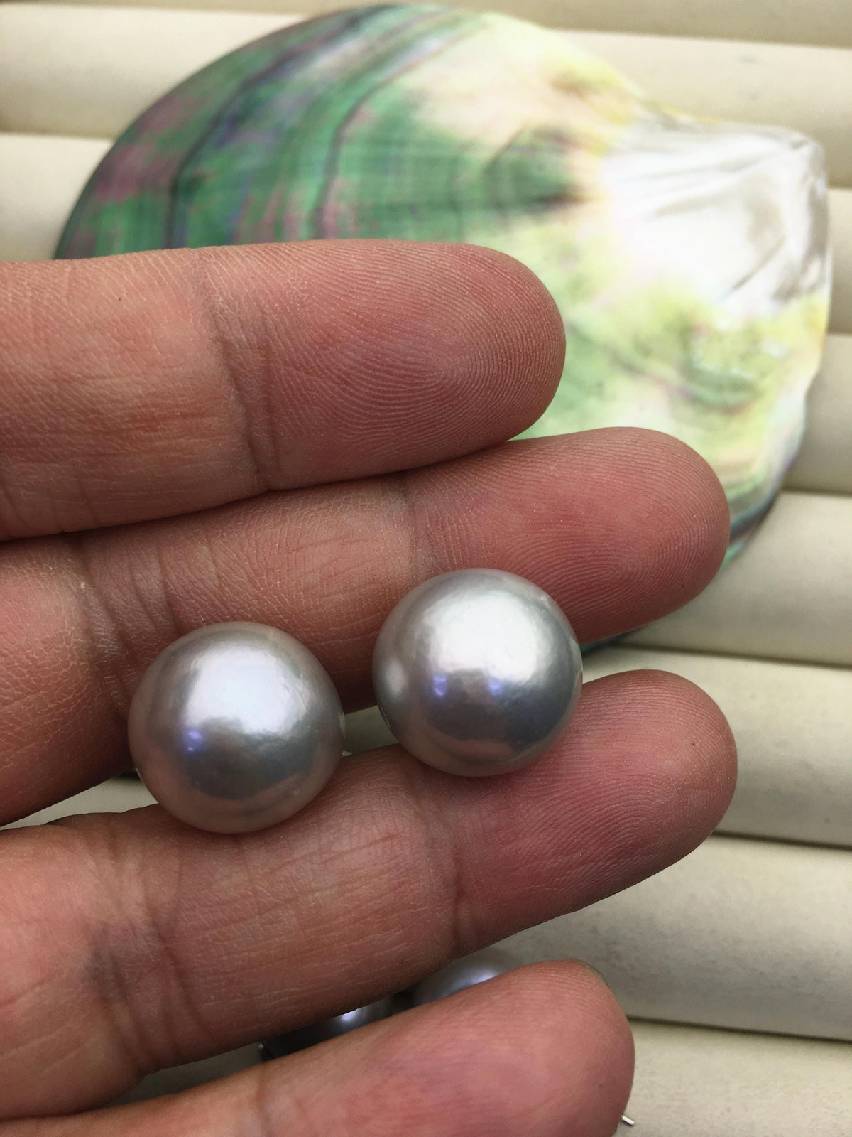 1 pair AAA 10-15mm gray rainbow round edison pearl stud earrings, S925 Sterling Silver stud earrings, wedding pearl earrings, SE3-T9-57