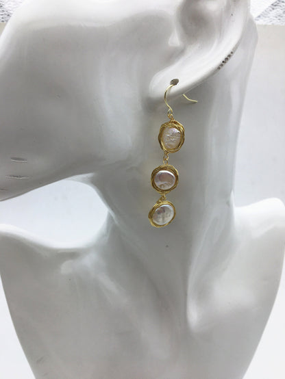 Handmade white three coin pearl dangle earrings,earring with white baroque Natural Pearl,SE3-120-7