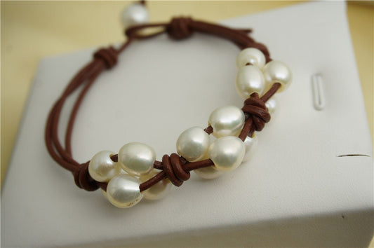 Rice white pearl leather necklace, twisted leather pearl bracelet, knotted freshwater pearl bracelet, Leather Pearls Bracelet, Le7-060
