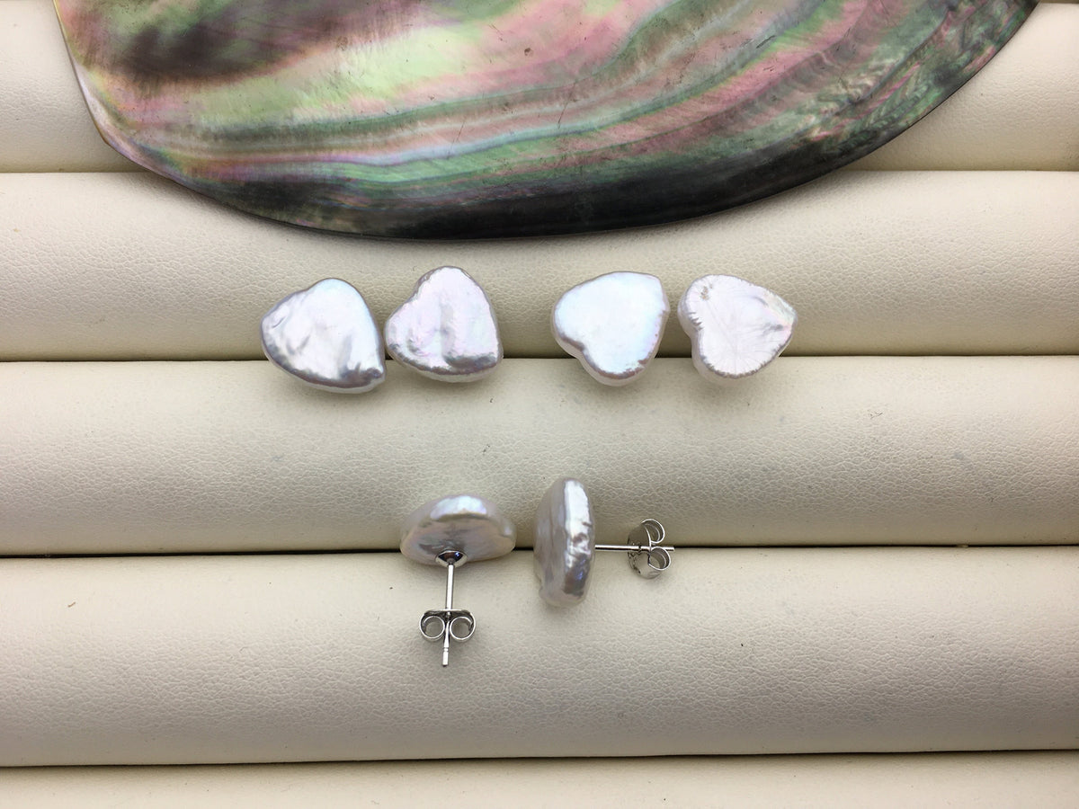 AAA 10-12mm white heart pearl stud earrings,sterling silver,earring with white baroque Natural Pearl,SE3-T31