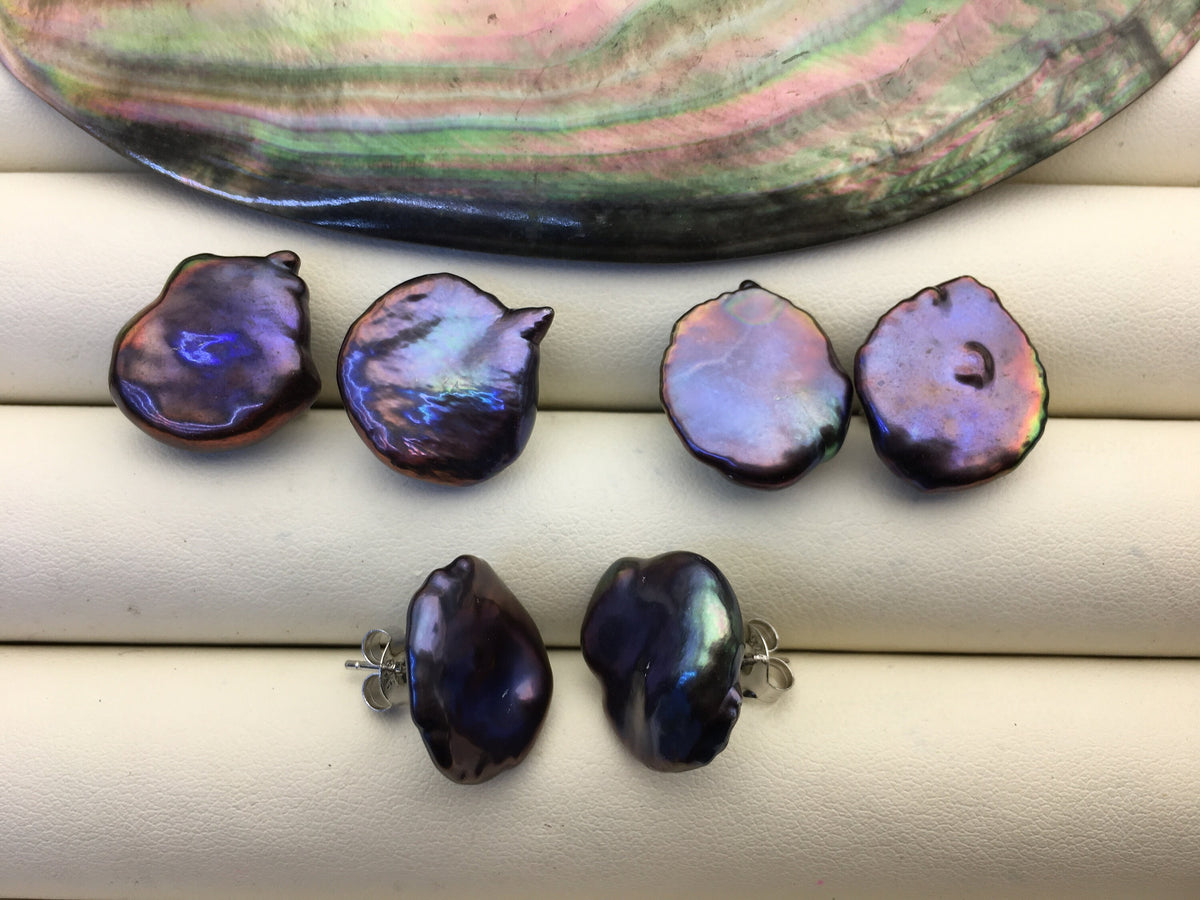 1 pair AAA 16-18mm Black keshi Freshwater Pearl Stud Earrings,Stud Earrings for Women Girls,SE3-T46