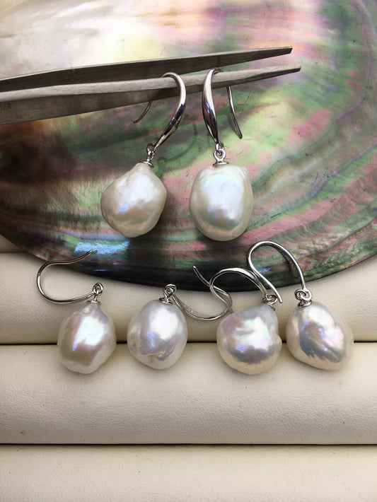1 pair AA+ 12-14mm white baroque drop edison pearl dangle earrings, S925 Sterling Silver earrings, wedding pearl earrings, SE3-T9-21