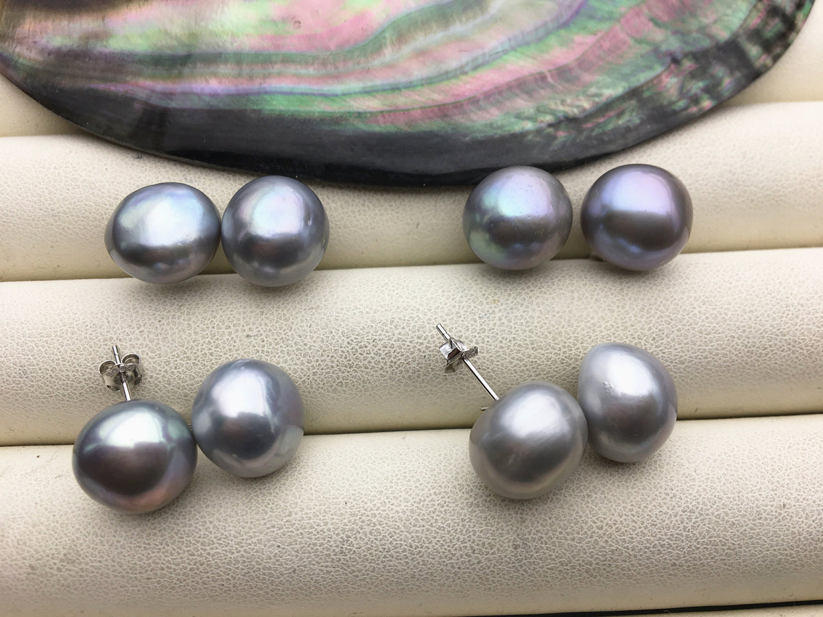 2 pairs AA+ 11.5-12.5mm big gray baroque round Pearl Stud Earrings, S925 sterling silver, freshwater pearl earrings, SE1-069-17