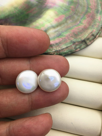 1 pair AAA 14-15mm White Coin Freshwater Loose Pearls Pair,0.9mm bottom half hole,For make Pearl Jewelry,COIN14-3A-2