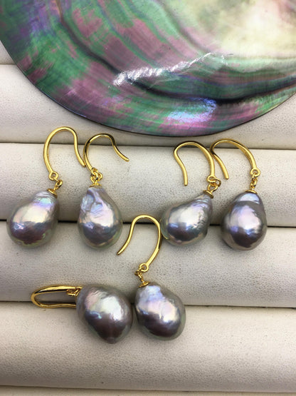 AAA 11-13mm gray bronze rainbow drop edison pearl dangle earrings, yellow gold S925 Sterling Silver earrings, wedding pearl earrings, SE3-T9-33