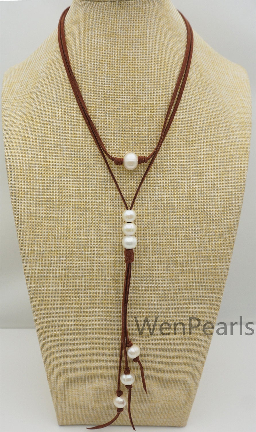 Big white pearl leather necklace, Long length necklace, jewelry gift for her, handmade pearl necklace, Le4-048