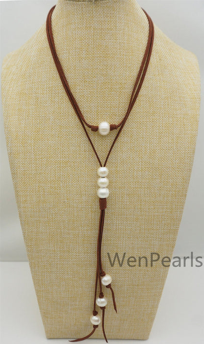Big white pearl leather necklace, Long length necklace, jewelry gift for her, handmade pearl necklace, Le4-048