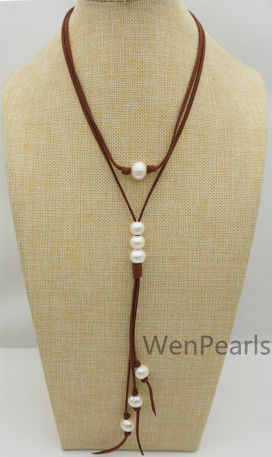 Big white pearl leather necklace, Long length necklace, jewelry gift for her, handmade pearl necklace, Le4-048