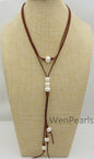 Big white pearl leather necklace, Long length necklace, jewelry gift for her, handmade pearl necklace, Le4-048