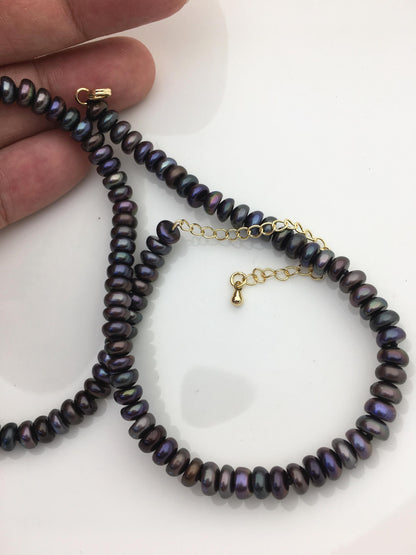 AAA 6–7mm Black Button Round Freshwater Pearl Necklace, 17 + 2 Inches | NPN1-T8