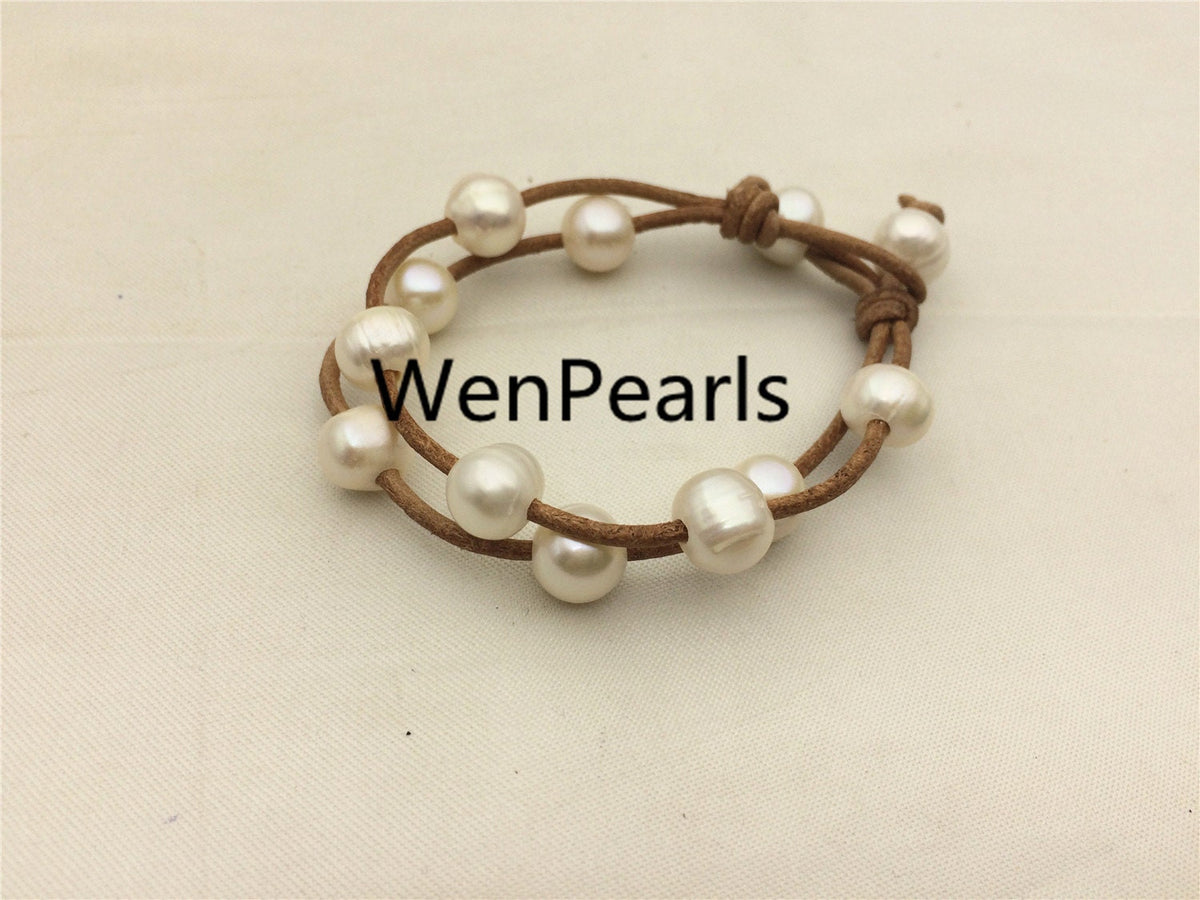 2 rows Leather Pearls Bracelet, Handmade Cuff,White Pearls on Brown Leather,Black leather bracelet,Le7-058