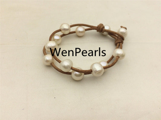 2 rows Leather Pearls Bracelet, Handmade Cuff,White Pearls on Brown Leather,Black leather bracelet,Le7-058