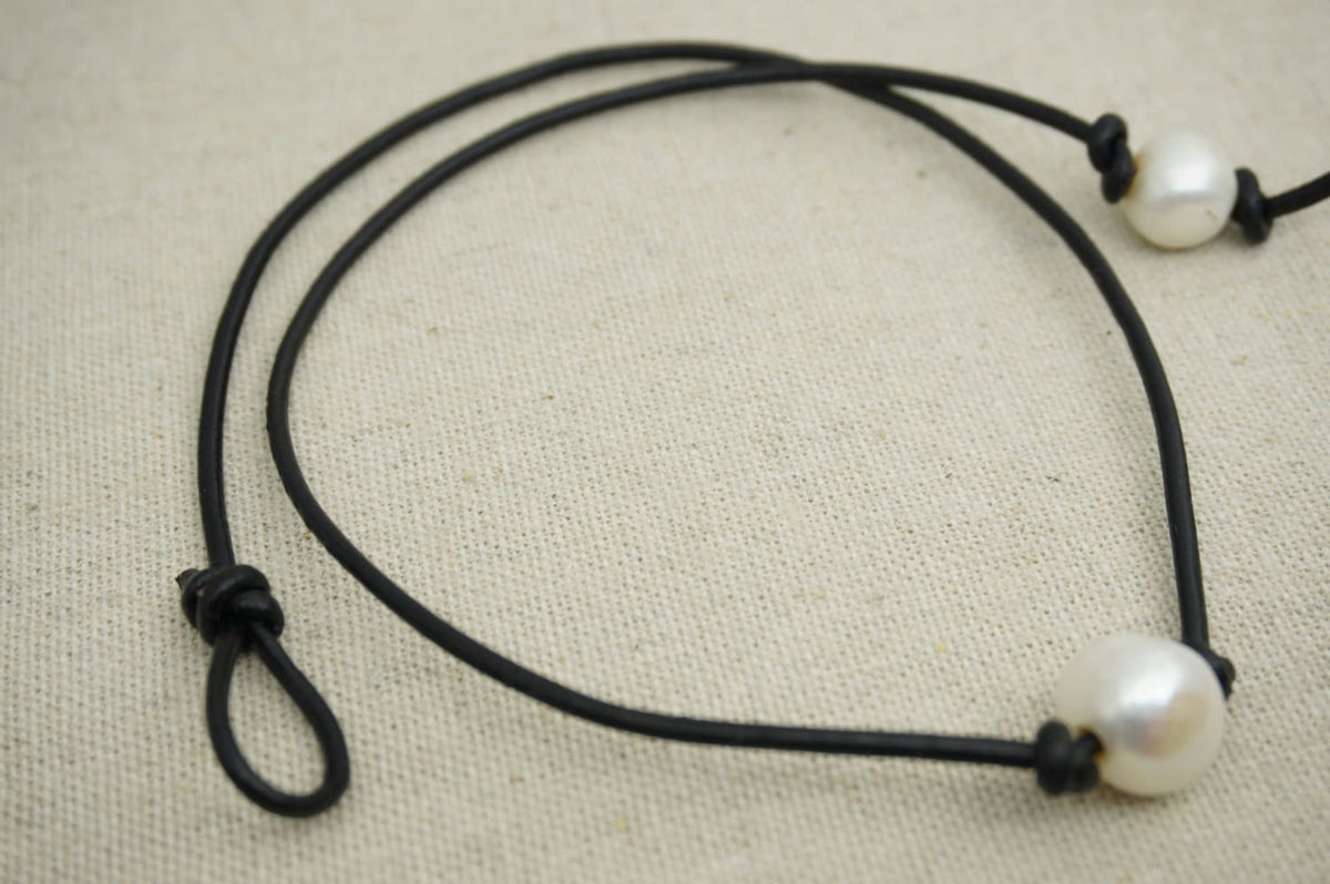 AAA Leather Pearl Choker, pearl choker necklace, Pearl Leather Necklace, Bracelet, Black Leather Pearl necklace, necklaces for women, Le1-004