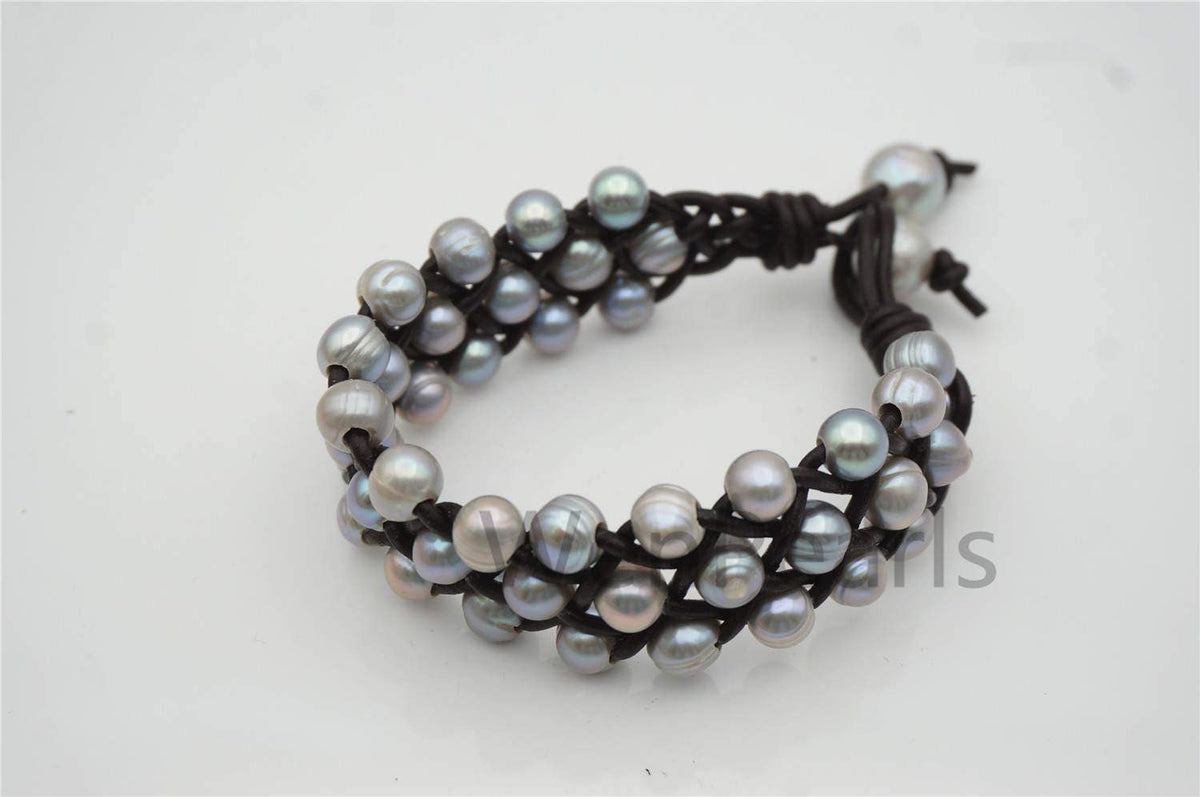 Three rows Gray pearl bracelet, Leather Pearls Bracelet, Handmade Cuff, Gray Pearls on Brown Leather, Black leather bracelet, Le7-100