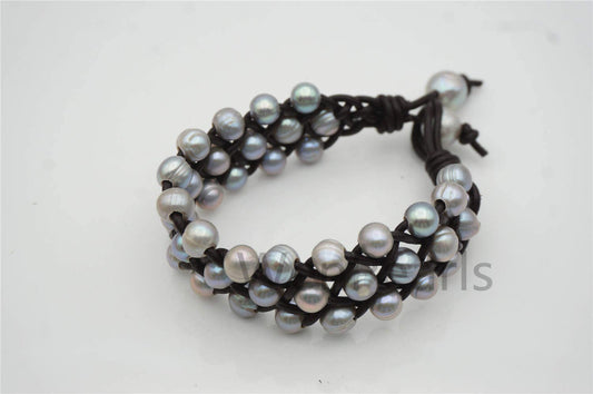 Three rows Gray pearl bracelet, Leather Pearls Bracelet, Handmade Cuff, Gray Pearls on Brown Leather, Black leather bracelet, Le7-100