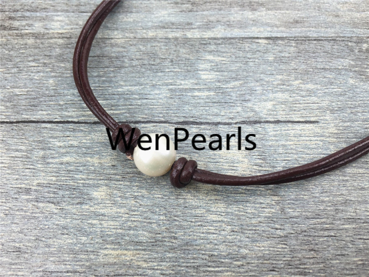 Leather Pearl Choker, Pearl Leather Necklace, bracelet, White Freshwater pearl, Black Leather Pearl necklace, LIGHT BROWN, Le1-026