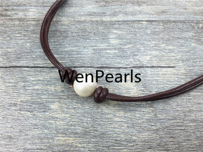 Leather Pearl Choker, Pearl Leather Necklace, bracelet, White Freshwater pearl, Black Leather Pearl necklace, LIGHT BROWN, Le1-026