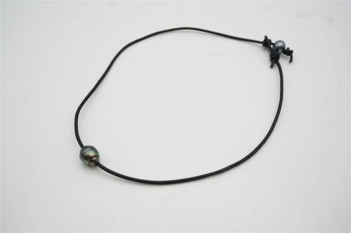 10-12mm Tahitian pearls hand rolled and knotted leather necklace, men or women choker, Black Leather Pearl necklace, Le11-025