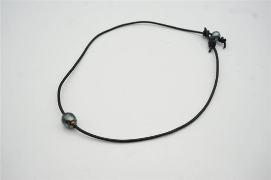 10-12mm Tahitian pearls hand rolled and knotted leather necklace, men or women choker, Black Leather Pearl necklace, Le11-025