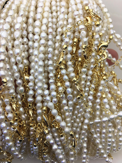 17+2'' AA 4-4.5mm white tiny rice freshwater Pearl necklace, genuine freshwater Pearl necklace, Natural Pearl Necklace, NPN1-T57