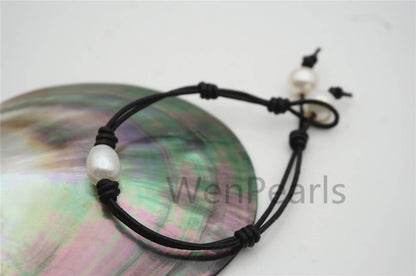 lovely rice pearl Leather Pearls Bracelet - plait leather bracelet - Select Leather Color - Genuine freshwater pearl - Le7-103