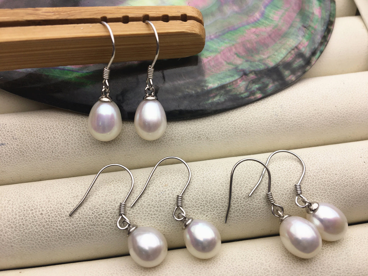 AAA 7.5-8mm white/purple/gray rice freshwater pearl dangle earrings, S925 Sterling Silver pearl earrings, pearl for women, SE3-110