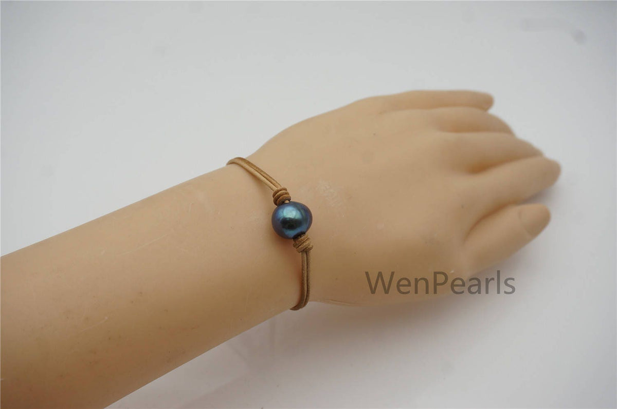 Big Single Potato Pearl fashion jewelry, pearl Leather Pearls Bracelet - plait leather bracelet - Genuine freshwater pearl - Le7-192