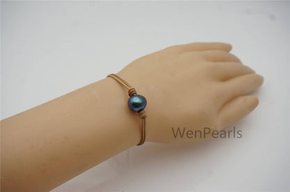 Big Single Potato Pearl fashion jewelry, pearl Leather Pearls Bracelet - plait leather bracelet - Genuine freshwater pearl - Le7-192
