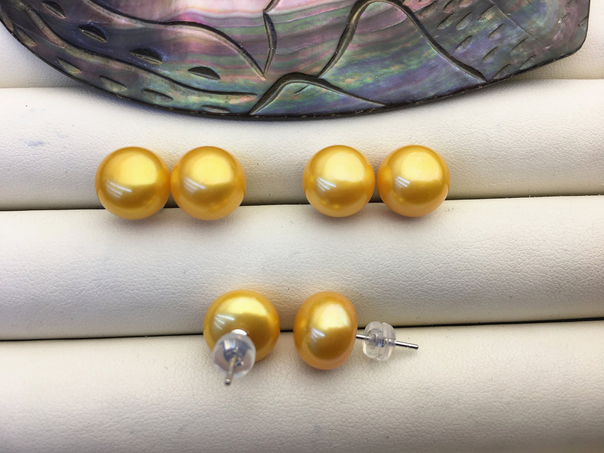 1 pair AAA 10-11mm Yellow Gold Pearl stud earrings, Sterling Silver, Wedding stud earrings, bridal, wedding party earrings, SE1-T28