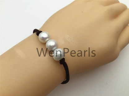 Three Round pearl Leather Pearls Bracelet - 10mm near round pearl - Genuine freshwater pearl - Le7-084