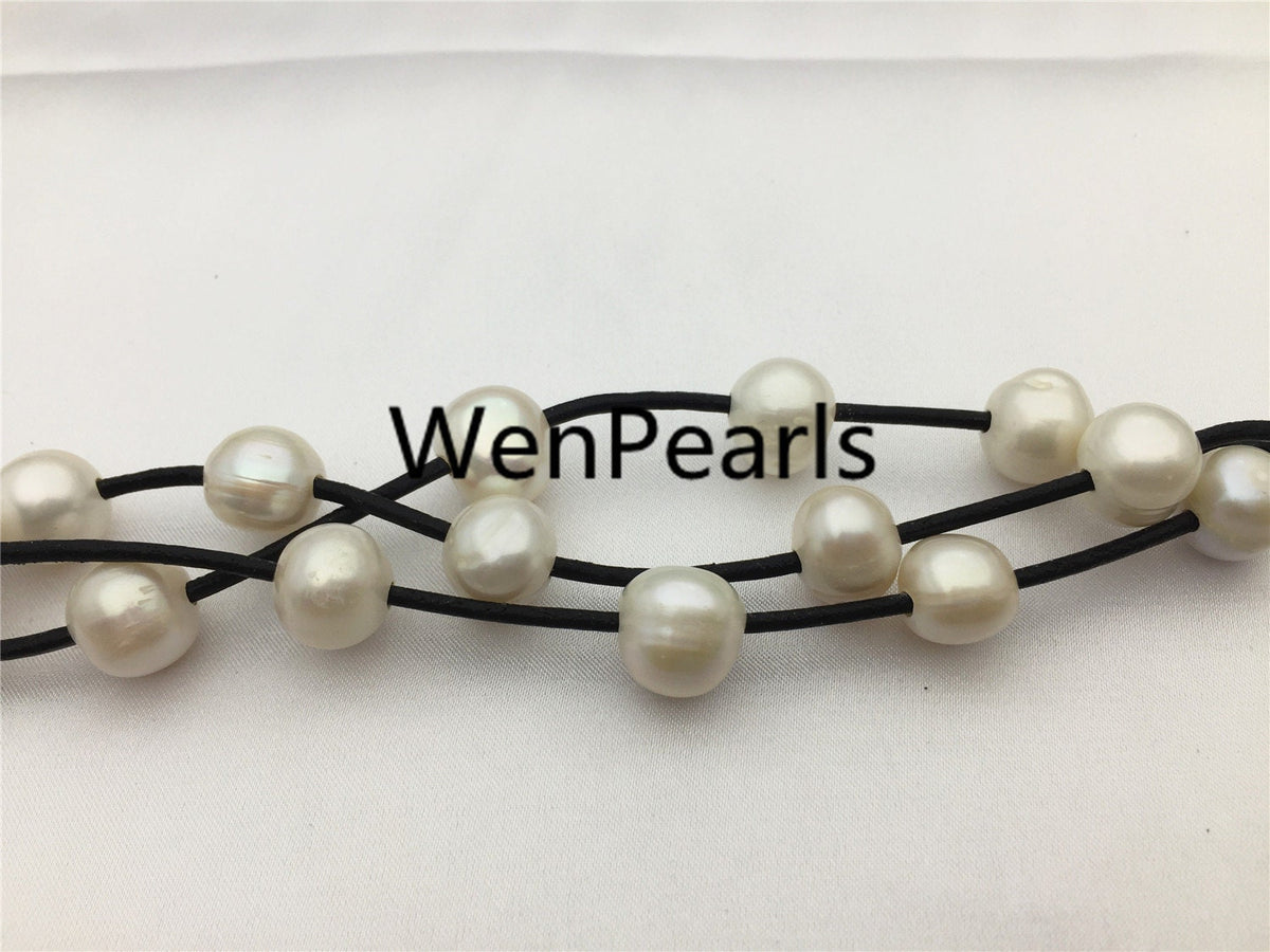 12mm potato pearl Bracelet, leather pearl bracelet, Handmade Cuff, White Pearls on Brown Leather, Black leather bracelet, Le7-075