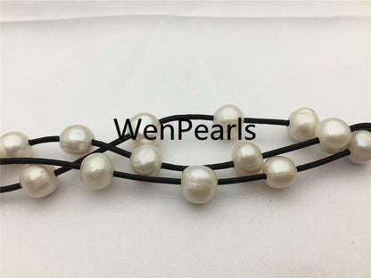 12mm potato pearl Bracelet, leather pearl bracelet, Handmade Cuff, White Pearls on Brown Leather, Black leather bracelet, Le7-075