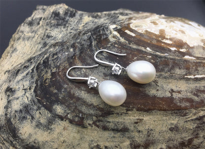 AAA 9mm white oval rice pearl cz stone dangle earrings, S925 Sterling Silver pearl earrings, SE3-082