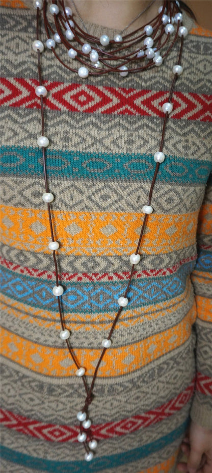 Long Freshwater Pearl and Leather Lariat Necklace, white pearl necklace Light brown Leather Pearl necklace, Leather baroque pearl, Le1-041