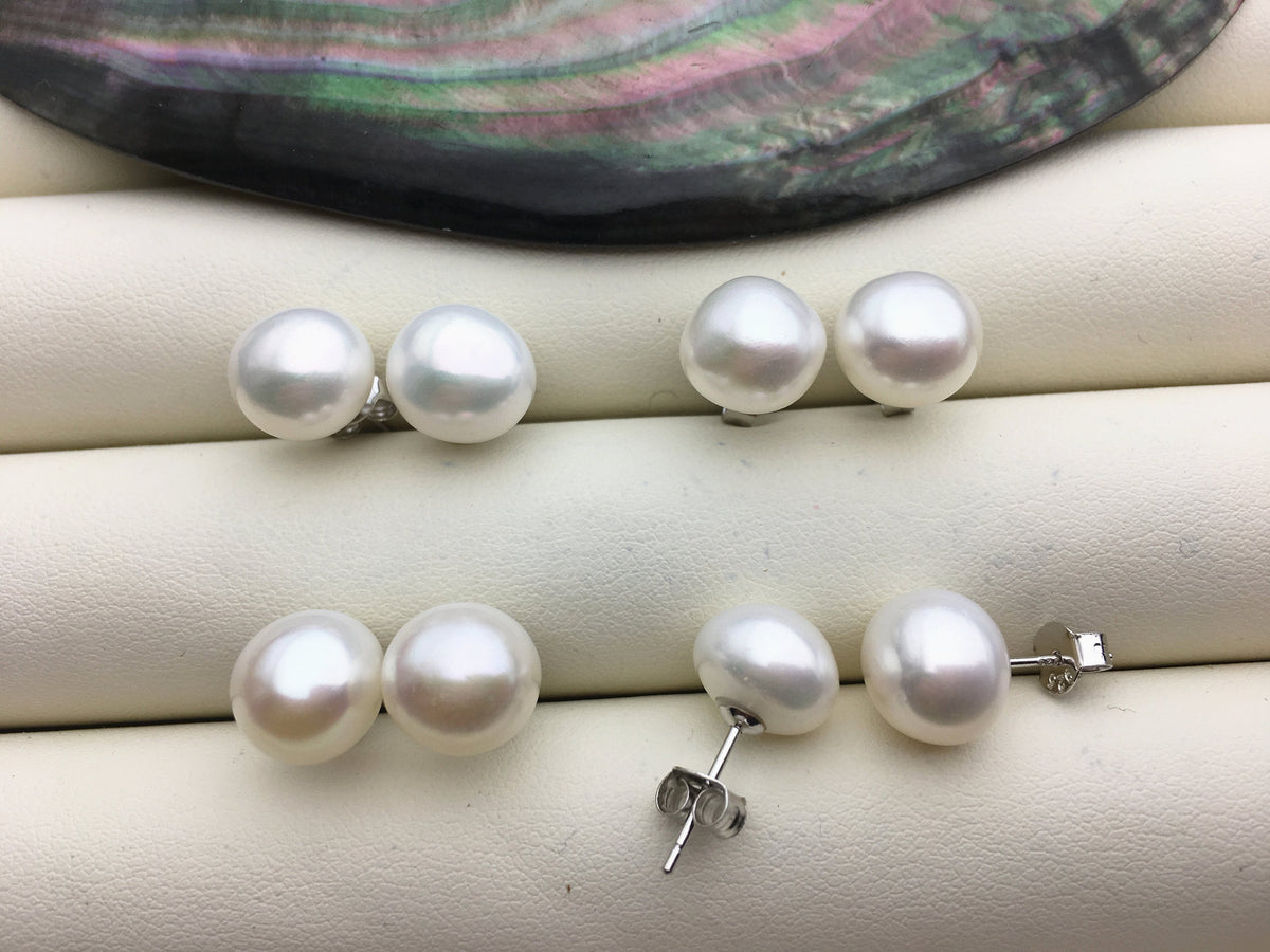 high luster!AAA 9.5-10mm White Nugget baroque pearl stud earrings - Freshwater Pearls earrings - SE1-069-21